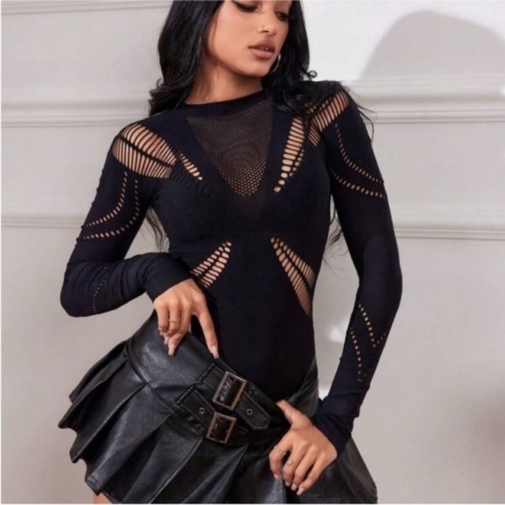 SHEIN Black Mesh Cutout Bodysuit